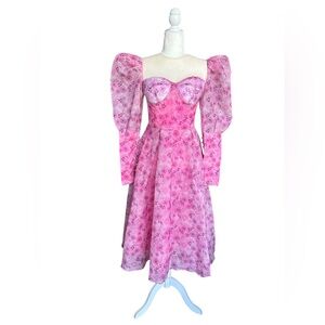 Dreamy Pink Floral Puff-Sleeve Midi Dress | Decorative Buttons | Size Small